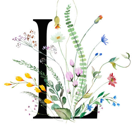 Black capital letter L with watercolor wildflowers and leaves bouquet isolated. Summer floral meadow Alphabet element for wedding and greeting designの写真素材