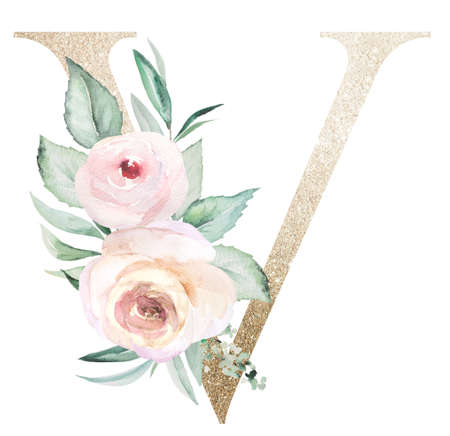Light golden letter V with watercolor pastel roses isolated on white. Sparkling boho Element with green leaves and light pink flowers. Alphabet floral for wedding and holiday designの写真素材