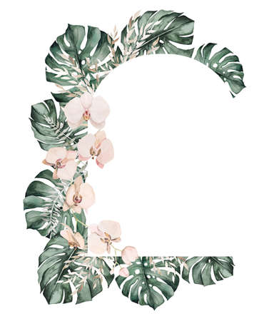Bohemian Watercolor rectangular frame with  teal green tropical leaves and beige orchid flowers illustration isolated. Boho or ethnic arrangement for wedding stationeryの写真素材