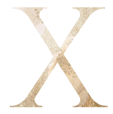 Pastel light Golden capital letter X with beige watercolor spots, isolated illustration., Glitter holiday element. Sparkling alphabet symbol for wedding and festive stationery designの写真素材