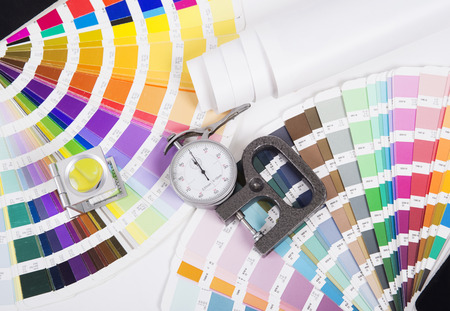 Lens, pantone and micrometer  Design and prepress conceptの写真素材
