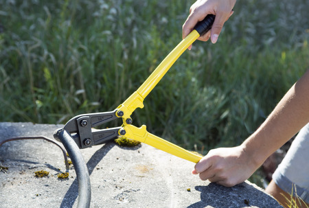 Electrician bites power cord by bolt cutter outside on a sunny dayの写真素材