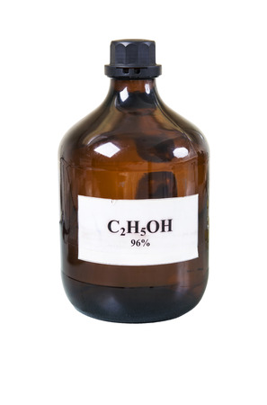 Laboratory large bottle with an alcohol formula. Isolated on white.の写真素材