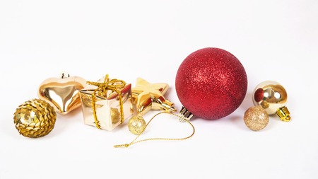 Brilliant red ball, ribbon, gift, bow isolated on white backgroundの写真素材