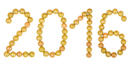 New year 2016 numbers text. Merry Christmas. Colorful handmade festive balls, tinsel isolated on...