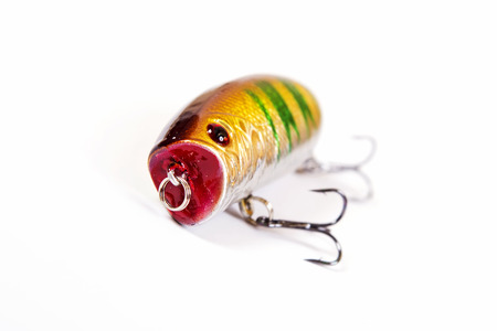 Fishing lure isolated on white. Wobbler in three color. Green, yellow and red colors.の写真素材