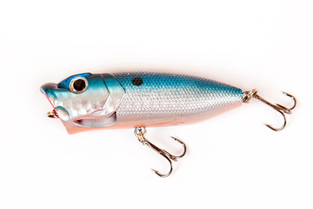 Fishing lure isolated on white. Wobbler in three color. Blue, white and red colors.