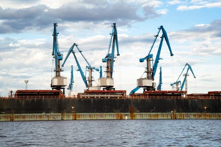 Seaport at evening, panorama. Riga, Latvia, Europe