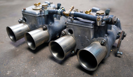Old car gasoline engine fixing carburator in repair shop
