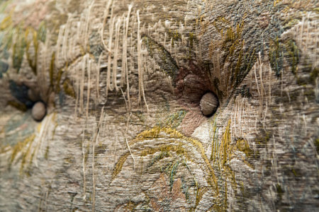 Surface of sofa close-up. Coach-type velours screed tightened with buttons.