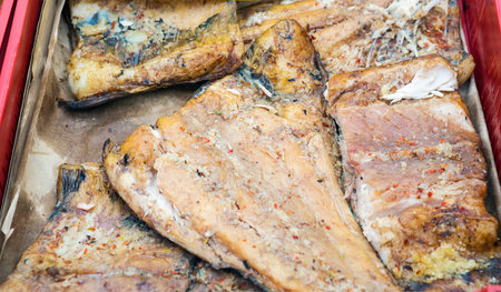 Background of smoke-dried fish close up.Set of smoked fish.の写真素材