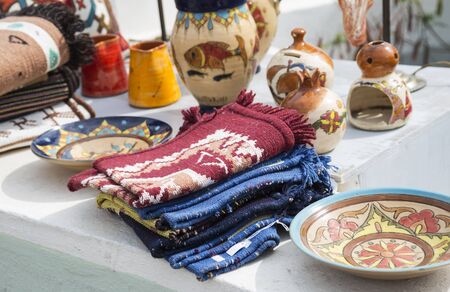 Ceramic and textile products in the souvenir shop in Greeceの写真素材