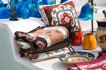 Ceramic and textile products in the souvenir shop in Greece