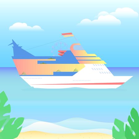 A large luxurious passenger ship. Travel through the world. Flat vector background with sea, clouds, beach. Cruise voyage floating by the ocean with beautiful sea sights.のイラスト素材