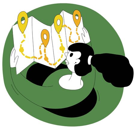 A woman is looking at a map. Vector illustration. Green and yellow color. A woman is planning a vacation.のイラスト素材