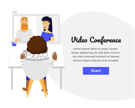 Web template with clean design. Bright blue accent color. Home working video conference.のイラスト素材