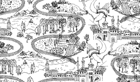 Child's seamless wallpaper whith magic castle and railwayのイラスト素材