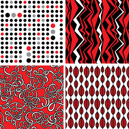 Set of zigzag, curls, leaves and polka dots backgrounds in blue and yellow colorsのイラスト素材