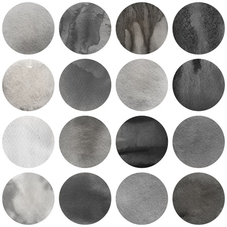 Watercolor circles collection  in black and grey colors. Watercolor stains set isolated on white background. Toned tint palette. Seamless retro geometric pattern.の写真素材