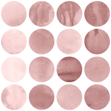 Watercolor circles collection  in pink colors. Watercolor stains set isolated on white background. Rose quartz tint palette. Seamless retro geometric pattern.の写真素材