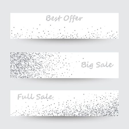 Silver sparkles on white background, banners. Shine light glitter banner with text.のイラスト素材