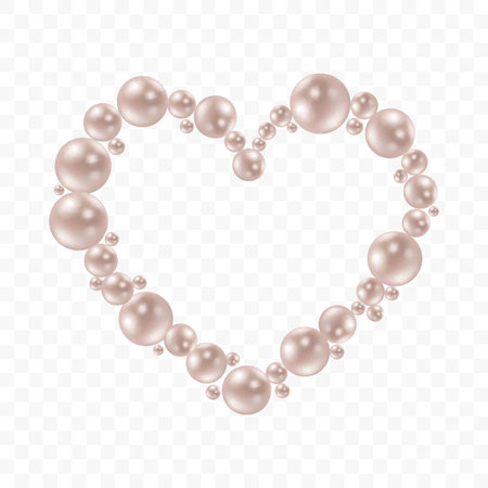 Heart shape frame painting isolated on transparent background. Pearl chains. Realistic white pearls. Beautiful natural heart shaped jewelry. Frame thread of pearls. Pearl necklace. Vector illustrationのイラスト素材