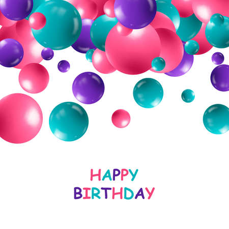 Abstract background with dynamic 3d spheres. Plastic colorful bubbles. Vector illustration of glossy balls. Modern trendy banner or poster design. Happy birthdayのイラスト素材