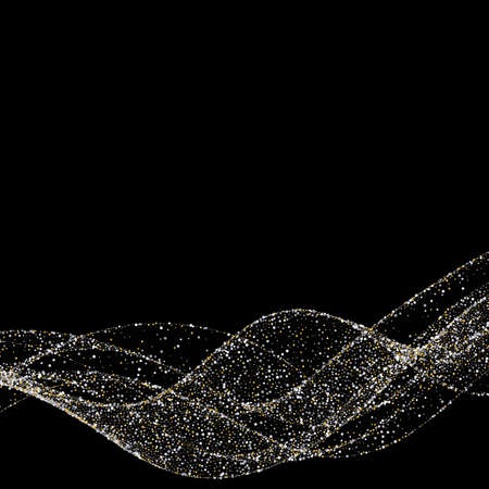 silver glitter sequins flow abstract lines isolated on black background, illustration. Sparkling dots wave, space for text for banners, party invitations, graphic design.のイラスト素材