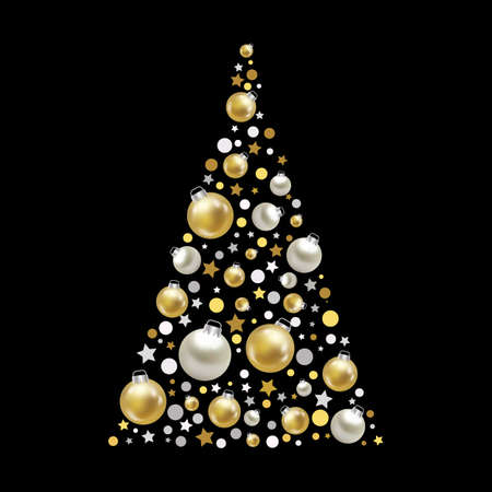 Silver golden Christmas tree decorations, stars, balls. Winter vacation illustrationのイラスト素材