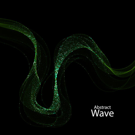 Green neon wave with shimmering particles on a black background. festive background. Modern design elementのイラスト素材