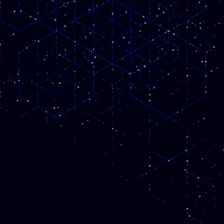 Hexagon background with shimmery shiny particles. Festive background.