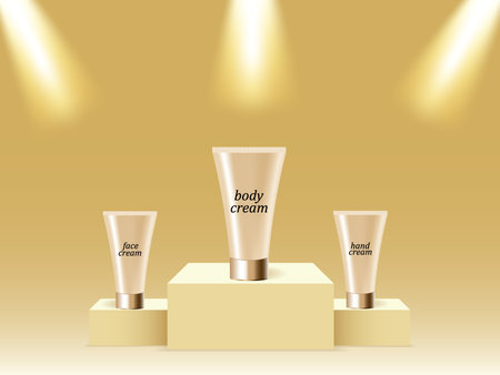 Display stand for cosmetic products in golden color. Creams for face, body, hands. Mockup for the presentation of cosmetics. Skin care.のイラスト素材