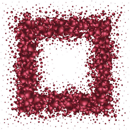 Scattered floating colored spheres on a vibrant background - 3D render. Red photo frame.のイラスト素材