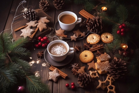 Christmas background. Hot drink with Christmas gingerbread. holiday atmosphere.の素材