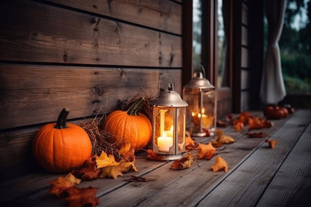 Beautiful autumn festival concept. Fallen leaves. Small pumpkins lying along the wooden facade of the house. Composition illuminated by lanterns.の素材