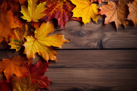 Maple leaves on wood background with copy space in autumnの写真素材