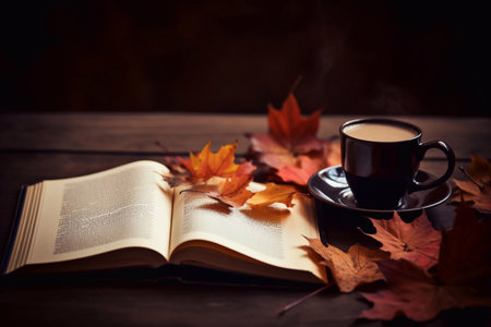 autumn still life. books, leaves, cup on a wooden surface.の写真素材