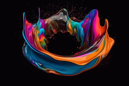 Abstract circle liquid motion flow explosion. Curved wave colorful pattern with paint drops on black background.の写真素材