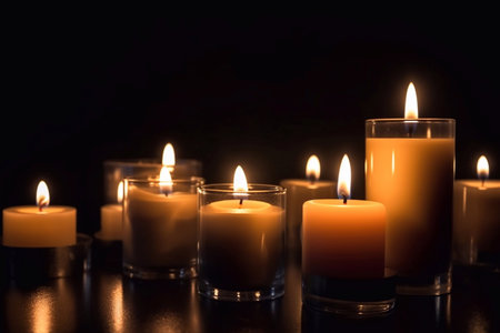 Burning candles on dark table, space for text. Memory dayの素材