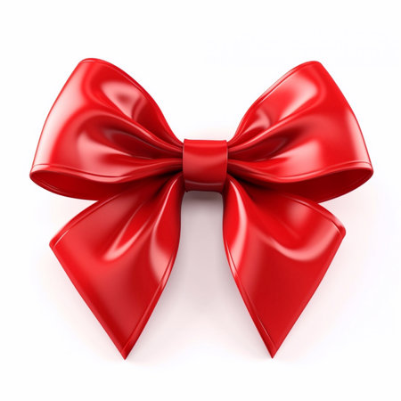 single red ribbon satin gift bow isolated on whiteの素材