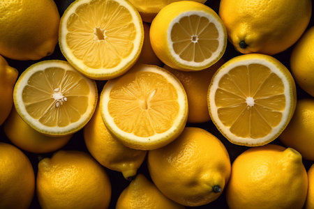 Many fresh ripe lemons with green leaves as background, closeupの素材