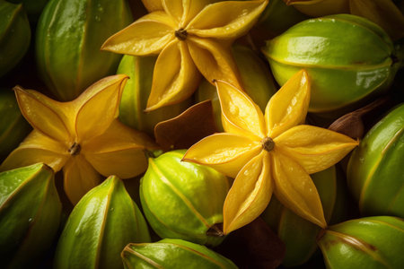 Freshly ripe star fruit or carambola, sliced star piecesの素材