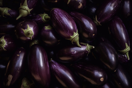 From above full frame stack of ripe raw purple eggplant vegetable with purple spots placed on stall in local marketの素材