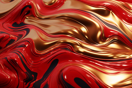 Luxury abstract fluid art painting in alcohol ink technique, mixture of red, yellow and gold paints. Imitation of marble stone cut, glowing golden circles. Tender and dreamy design.の素材