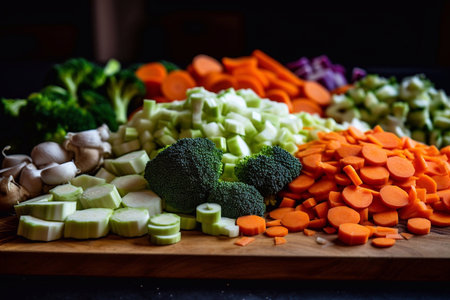 Top view set of sliced fresh vegetables serving on cutting board on wooden tableの素材