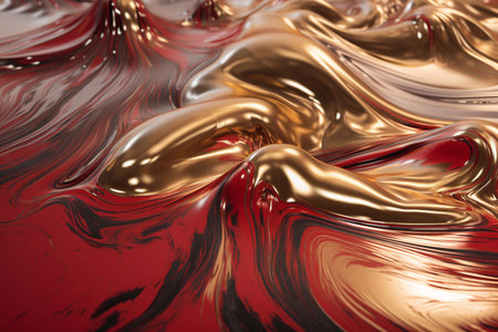Liquid texture of red ink with gold flows.の素材