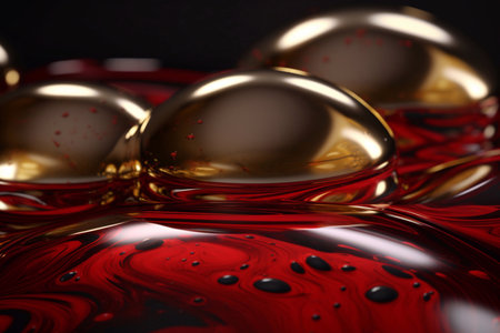 Luxury abstract fluid art painting in alcohol ink technique, mixture of red, yellow and gold paints. Imitation of marble stone cut, glowing golden circles. Tender and dreamy design.の素材