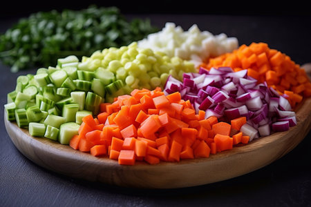 plate of stir fry vegetables on wooden table, top viewの素材