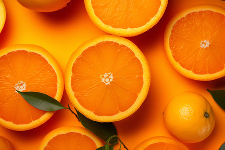 Background of half cut oranges on orange backgroundの素材
