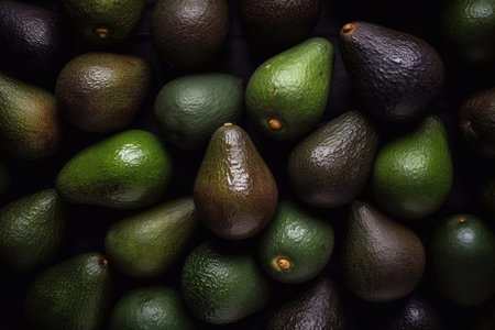 Avocado background. Fresh green avocado on a market stail. Food background.の素材